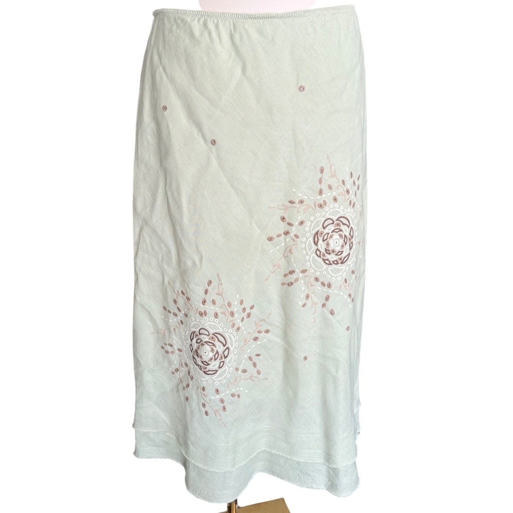 Two Star Dog Sage Green 100% Linen Embroidered Midi Skirt Womens Size‎ M